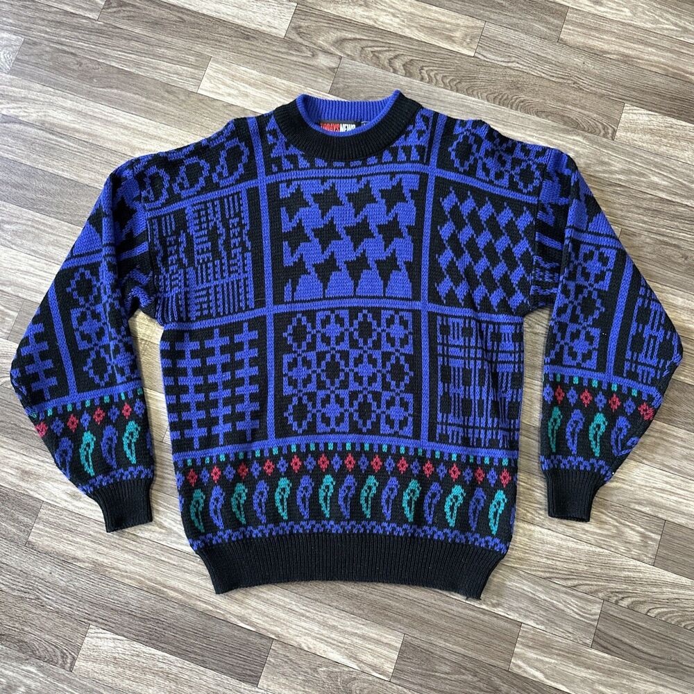 Vintage Todays News Knit Sweater Mens Large Black Purple Grandpa 3D Coogi